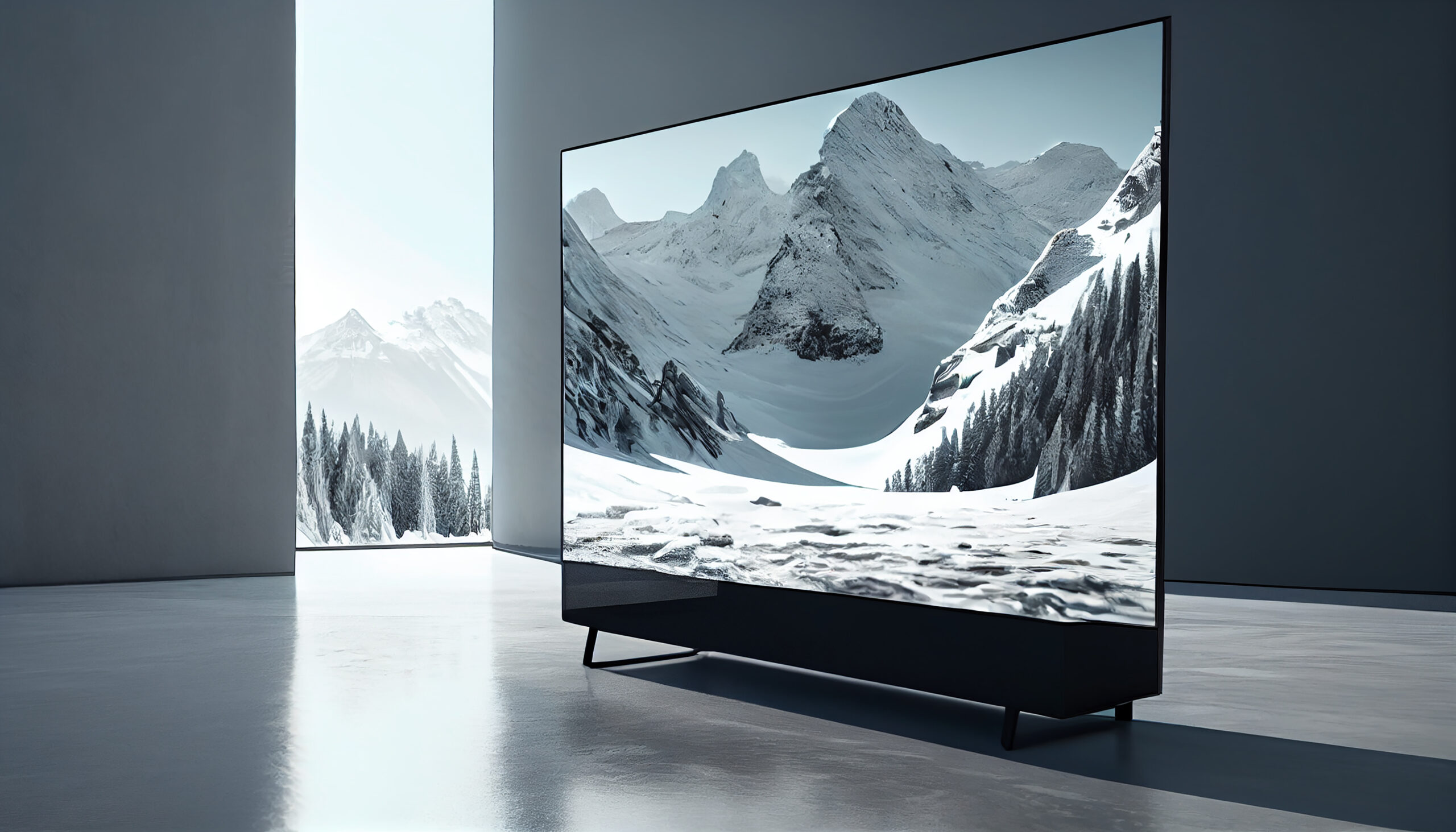 Mountain landscape with modern design featuring snowy peaks scene in tv ,generative artificial intelligence